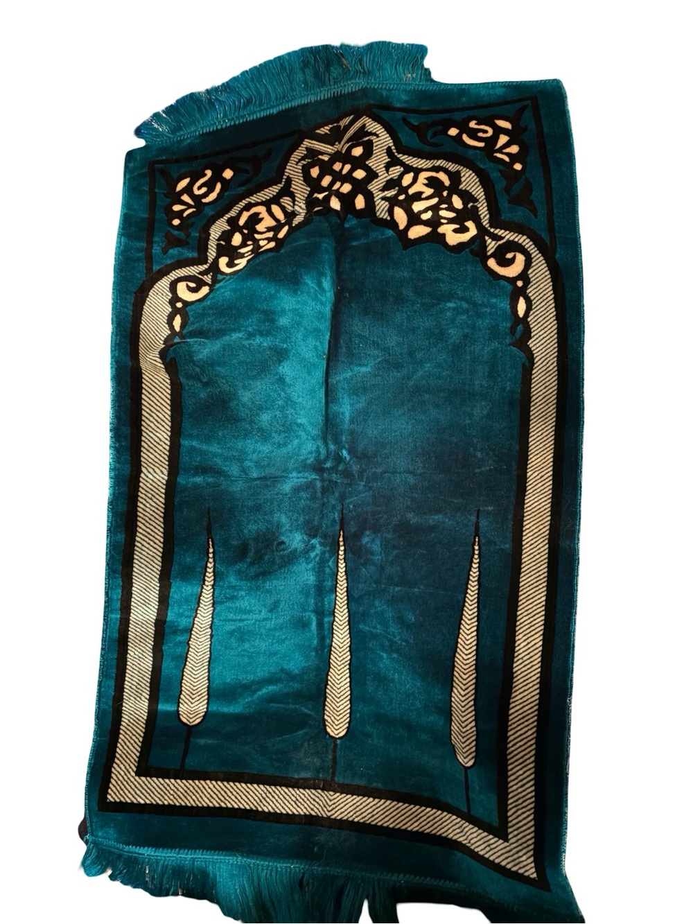Teal Velvet Prayer Rug Door Mat with Gold Accents